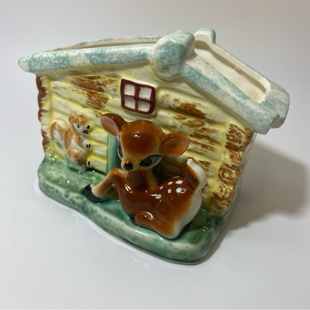 Vintage Ceramic Deer Figurine with Cabin planter